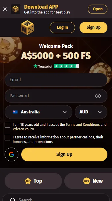Wanted Win online on a phone screen with the welcome pack and sign-up buttons
